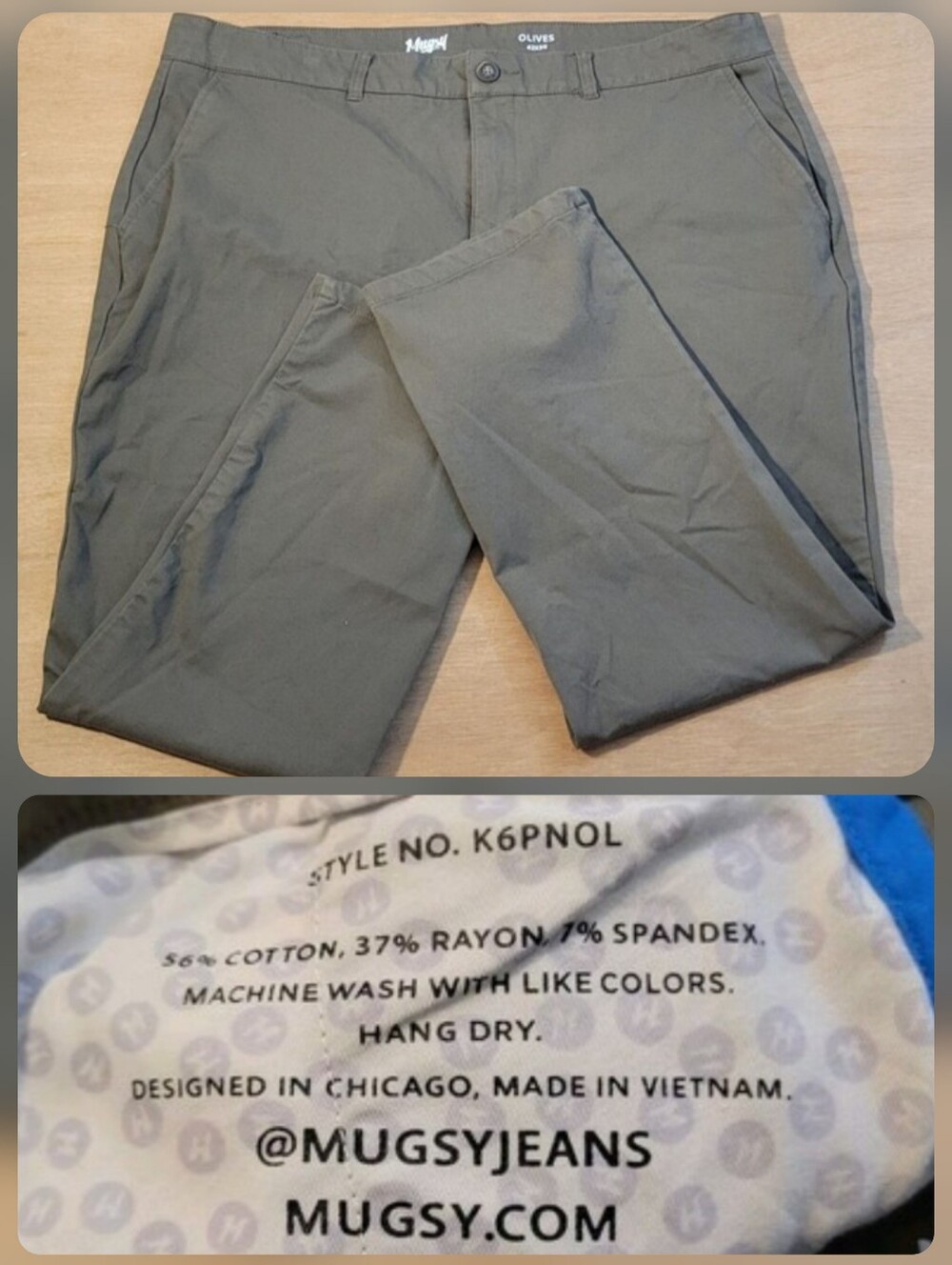 Mugsy Jeans Olives Green Pants Stretchy Mens Size 40x28L Style K6PNOL